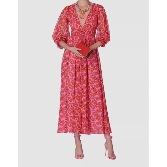 NWT. $2690 Carolina Herrera Silk Floral V-Neck Waist-Tie Midi Dress Sz 6 - Picture 4 of 11